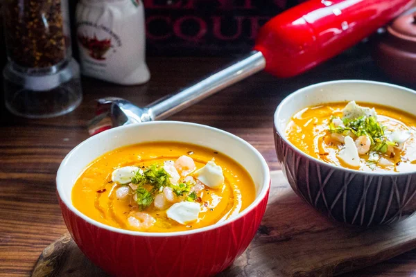 Sweet Potato Soup with Carrot, Pumpkin, Shrimps, Feta Cheese, Pa — Stock Image Sweet Potato Soup with Carrot, Pumpkin, Shrimps, Feta Cheese, Pa Stock Photo