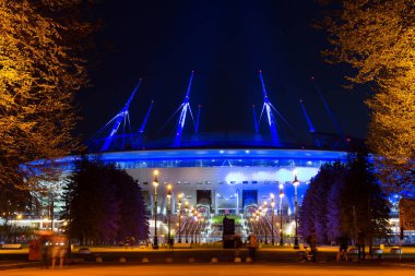St.Petersburg, Rusya Federasyonu - 14 Mayıs, 2018: 21 FIFA Dünya Kupası 2018. Stadyum Zenit Arena, 2017 FIFA Konfederasyon Kupası futbol stadyumu Saint-Petersburg Krestovsky üzerinde açıldı. Gece aydınlatma Arena