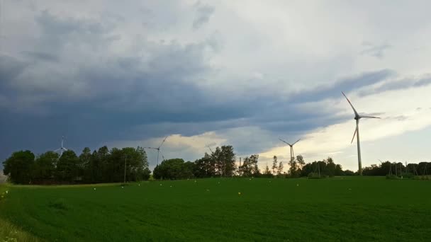 Väderkvarnar rotera blad över fälten, Litauen — Stockvideo