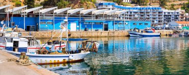 Tekneler ve yatlar Balık tutma iskelede Blanes limanda palamarla. Balıkçılar bir deniz balık, istiridye, kalamar, deniz lezzetleri yakalamak boşaltın. Balık Müzayede toptancılar ve restoranlar için. Blanes, İspanya, Costa Brava
