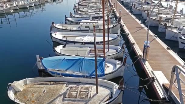 Fiske båtar, privata yachter, piren i hamnen Blanes — Stockvideo