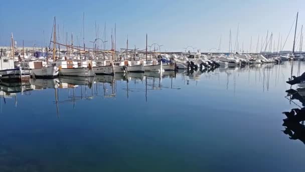 Fiske båtar, privata yachter, piren i hamnen Blanes — Stockvideo
