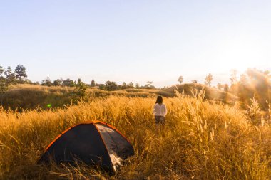 açık havada kamp çim highlands dağ günbatımında.