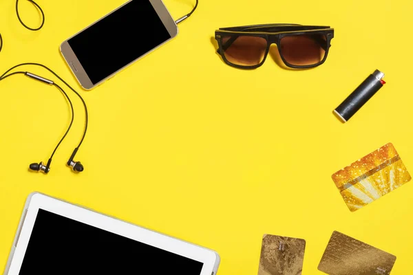 set of modern people devices on a yellow background