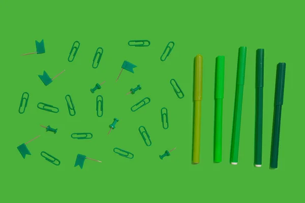 Bolígrafos de fieltro verde, clips y alfileres —  Fotos de Stock