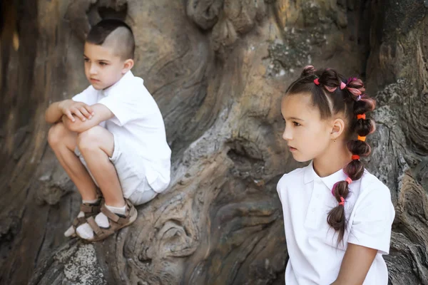 Menino pensativo e menina à beira da árvore — Fotografia de Stock