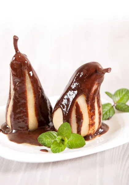 Poached Pears Topped Chocolate Sauce Stock Picture