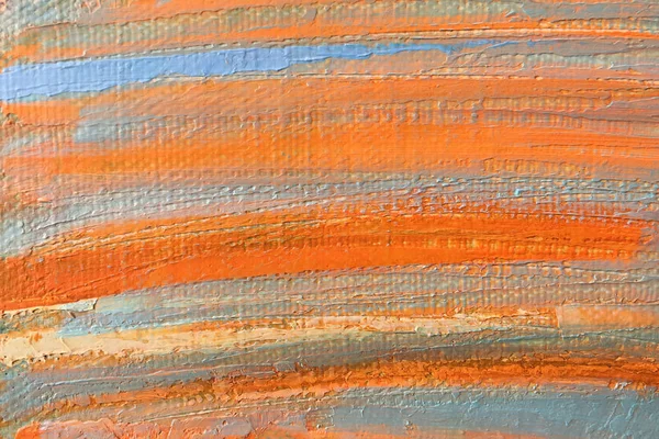 画布上的橙色和蓝色颜料的斑点和污渍 抽象背景 — 图库照片