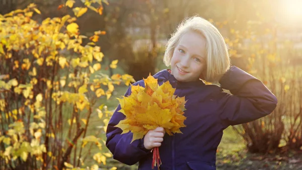 快乐美丽的金发女孩收集黄色的叶子花束 漫步在公园 阳光明媚的夜晚 — 图库照片