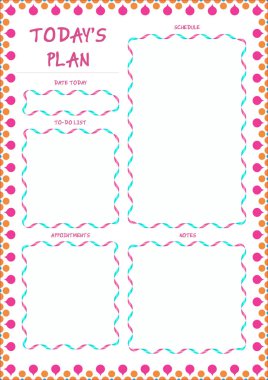 Günlük planlayıcısı şablon hazır için yazdırma alanı olan yapılacaklar listesi, zamanlama, faaliyetler, randevular için