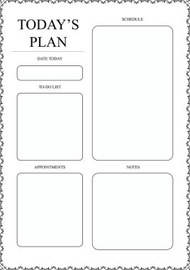 Günlük planlayıcısı şablon hazır için yazdırma alanı olan yapılacaklar listesi, zamanlama, faaliyetler, randevular için