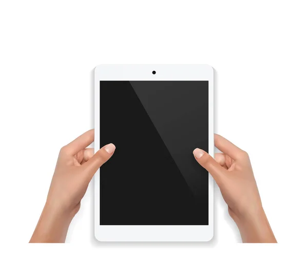 태블릿 pc를 사용 하 여 흰색 스크린, 고립 된 여성 십 대 손 — 스톡 벡터
