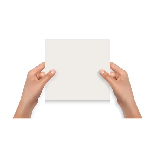 Manos de mujer sosteniendo la tarjeta en blanco aislada en la plantilla de burla blanca — Vector de stock
