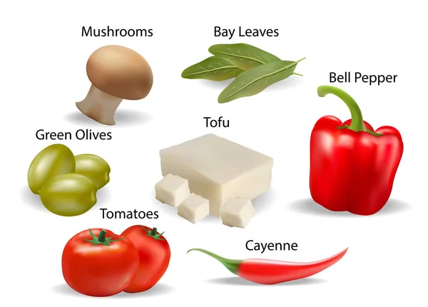 Vegan Raw Food - Illustrazione vettoriale realistica isolata sul bianco con titolo — Vettoriale Stock