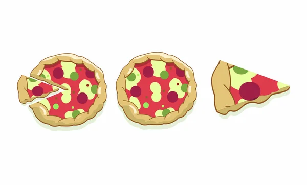Cartoon Sliced Salami Pizza Isolated on White — Stock Vector