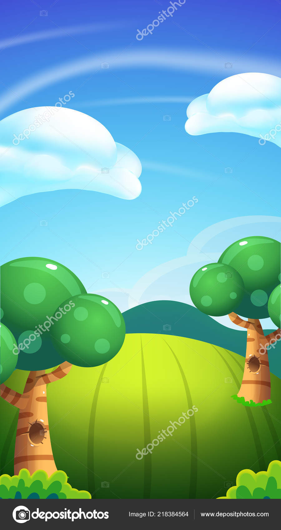 Paisagem da natureza dos desenhos animados, ilustração brilhante do dia  ensolarado, tamanho vertical para telas e jogos do telefone móvel Vetor de  ©bigfatnapoleon 218384564, image size:900x1700