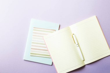 Minimalist bir çalışma alanı bir metin yazarı, yazar, Notebook ve succulents mor bir arka plan üzerinde yaratıcı bir kişiyle. Üstten görünüm, düz yatıyordu