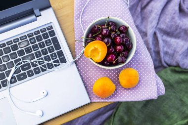 Bir dizüstü bilgisayarda bir piknik doğada - bir kase kiraz ve kayısı yanında çalışmak. Freelancer iş kavramı. Üstten görünüm, düz yatıyordu