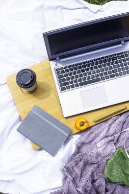 Bir dizüstü bilgisayar pikniğe doğa - yanında çalışan kayısı Freelancer döşeme beyaz üzerine yaz kavram olarak çalışıyorum. Üstten görünüm, düz yatıyordu