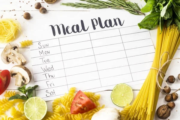 Meal Plan Week White Table Products Cooking Pastas Basil Vegetables — Stock Photo, Image