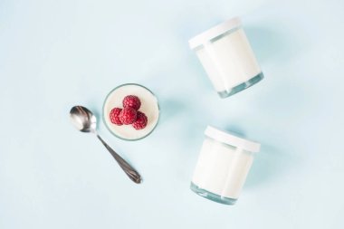 Ev yapımı yoğurt ve ahududu yanındaki kapalı kavanoz mavi bir arka plan üzerine açık kavanozu. Üstten görünüm, düz yatıyordu