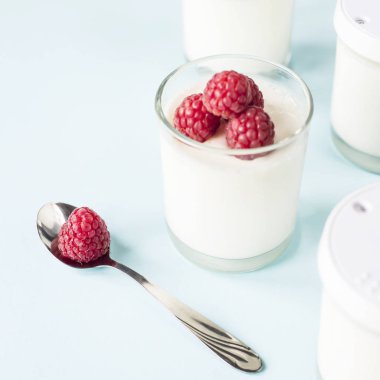 Ev yapımı yoğurt ve ahududu kapalı kavanoz yanında mavi bir arka plan üzerine açık kavanoz