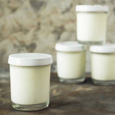 Ev yapımı yoğurt gri bir arka plan üzerinde dört kavanoz. Diyet gıda