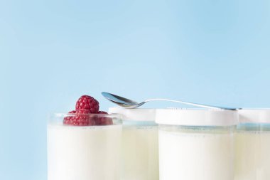 Ev yapımı yoğurt kavanoz ahududu üzerinde mavi bir arka plan ile. Kopya alanı