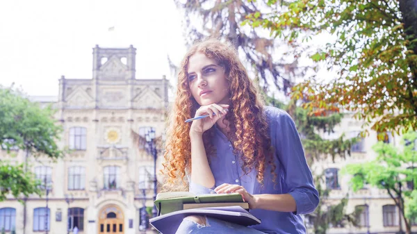 Bir defter eğitim notları ile tutarak onun university yakınındaki oturan beyaz Kızıl saçlı kıvırcık saçlı kız. Çalışma kavramı