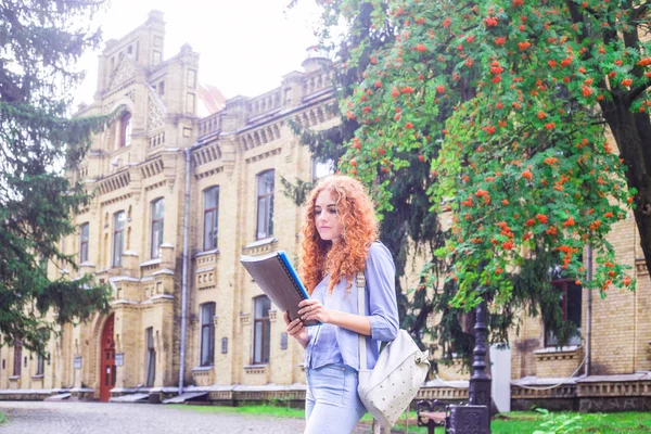 Kızıl saçlı kız öğrenci klasörleri ve öğretim materyalleri üniversitenin yanında elinde. Geri okul kavramı. öğrenci yaşamı