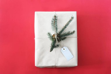 Noel hediyesi kırmızı zemin üzerine yeşil çam dal süslenmiş Kraft kağıt içinde paketlenmiştir. Üstten görünüm, düz yatıyordu