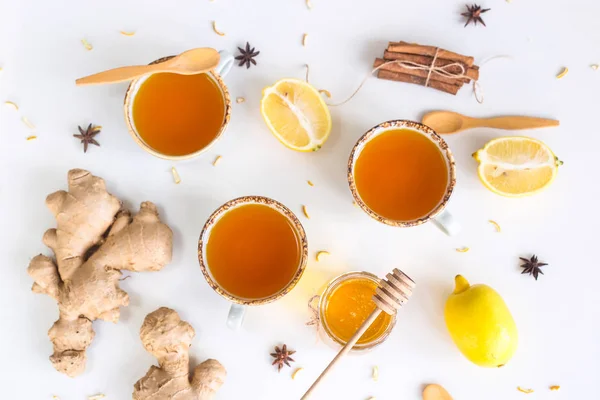 Tea Turmeric Products Improving Immunity Treating Colds Ginger Lemon Honey — Stock Photo, Image