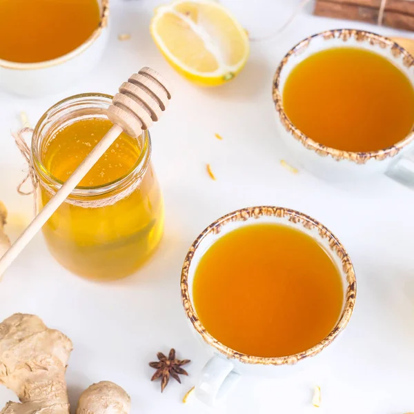 Tea Turmeric Products Improving Immunity Treating Colds Ginger Lemon Jar — Stock Photo, Image