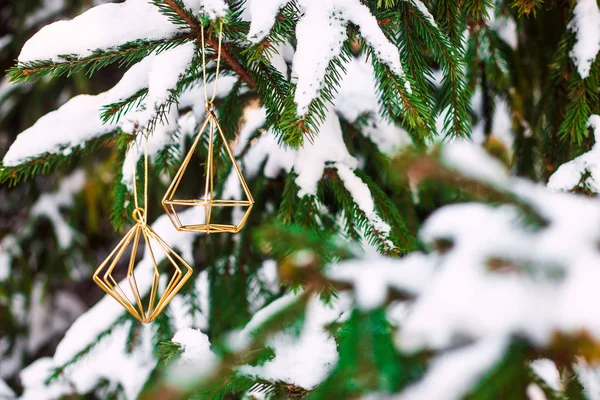 Die Zweige Des Weihnachtsbaums Mit Schnee Bedeckt Freien Mit Goldenen — Stockfoto