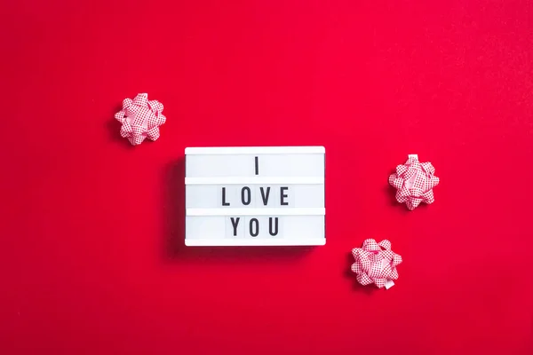 Love You Written Decorative Lamp Next Bows Gifts Bright Red — Stock Photo, Image