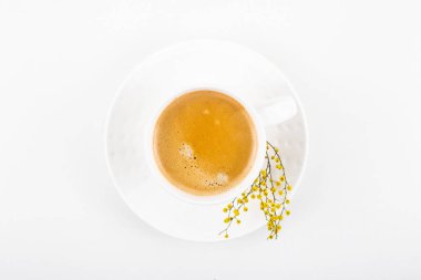 Beyaz fincan kahve sarı Mimoza çiçekli beyaz bir tablo. Minimalizm. Üstten Görünüm, düz yatıyordu