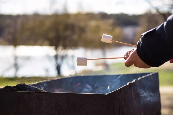 Cozinhar sobremesa com marshmallows pelo fogo em um piquenique na natureza — Fotografia de Stock