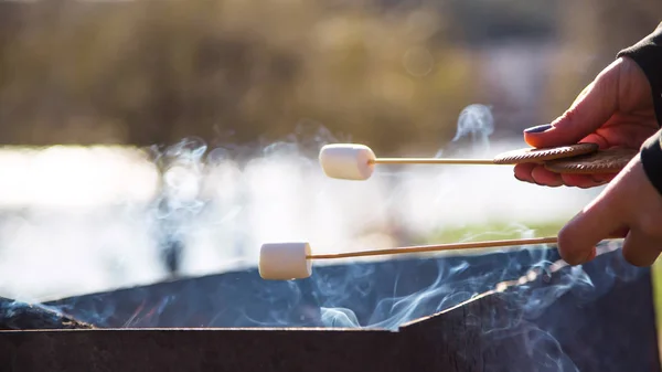 Cozinhar sobremesa com marshmallows pelo fogo em um piquenique na natureza — Fotografia de Stock