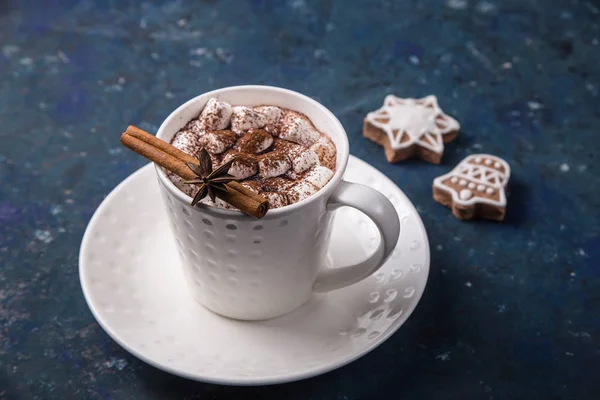 Heißes Winter-Kakaogetränk mit Marshmallows und Ingwerkeksen — Stockfoto