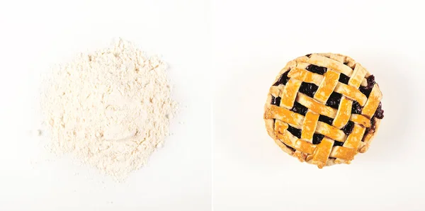 Коллаж из двух фотографий - рецепт вишневого мини-торта — стоковое фото