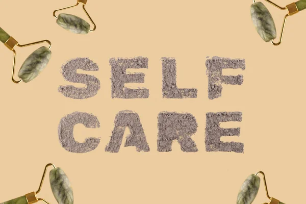 Self Care Inscription Beige Neutral Background Made Natural Clay Face — Stock Photo, Image