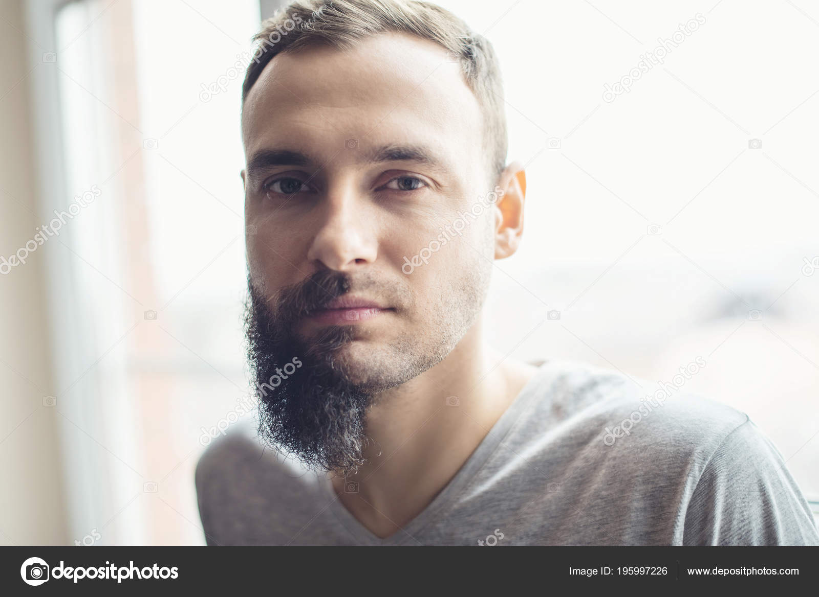 Handsome Man Half Beard Standing Front White Background Half His