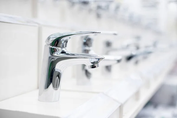Bathroom Faucet Store Showcase White Chrome Taps Building Supermarket Soft — Stock Photo, Image