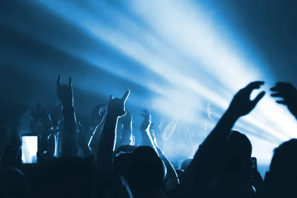 Silhouettes of people in a bright in the pop rock concert in front of the stage. Hands with gesture Horns. That rocks. Party in a club