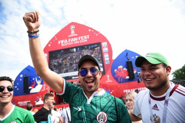 25 Haziran 2018. Rostov-on-Don. Rusya. Meksika Millî Futbol takımının hayranları ile ülke bayrakları ve fan Festivali'nde dekore edilmiş sakallı. FIFA Dünya Kupası.