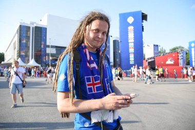 25 Haziran 2018. Rostov-on-Don. Rusya. İzlanda futbol taraftarları dreadlocks ile İzlanda'nın FIFA Dünya Kupası'nda milli takım destek.