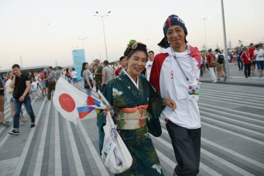 2 Temmuz 2018. Rostov-on-Don. Rusya. FIFA Dünya Kupası'nda Japonya Milli Takımı'nın futbol taraftarları.