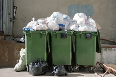 Çöp kutuları şehrin bahçesinde atık toplama ile taşan yeşil