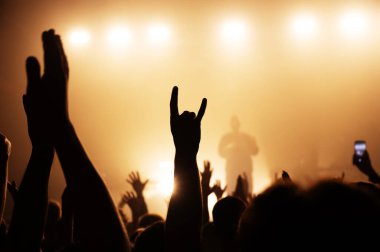 Havalı bir rock konserinde kalabalıktan bir keçi pankçıyla el ele tutuşmak. Sahnede sisli bir müzisyenin silueti. müzik festivali afişi