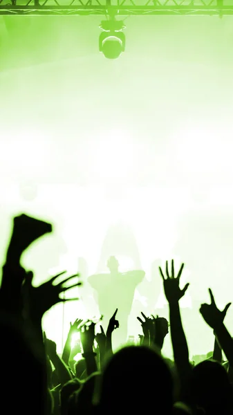 ステージ上の音楽グループのラップアーティストのシルエットとコンサートで観客の手 スポットライトの緑の光の中で行われるフェスティバルの看板 ストック画像